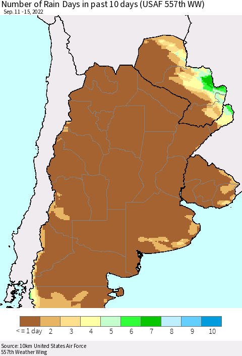 Southern South America Number of Rain Days in past 10 days (USAF 557th WW) Thematic Map For 9/11/2022 - 9/15/2022