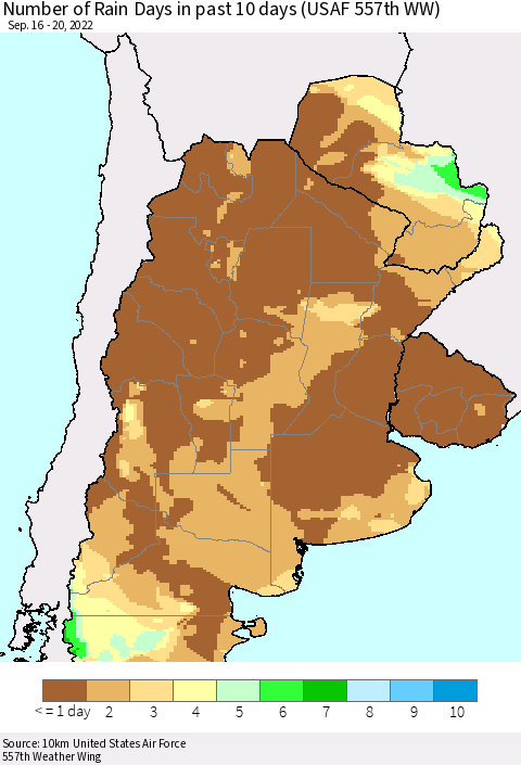 Southern South America Number of Rain Days in past 10 days (USAF 557th WW) Thematic Map For 9/16/2022 - 9/20/2022