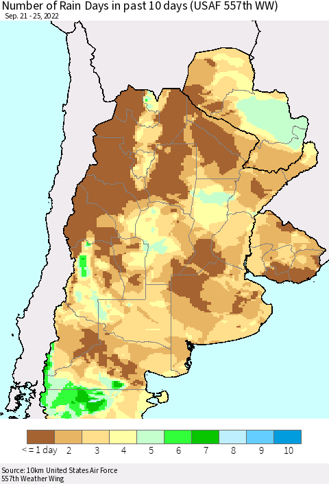Southern South America Number of Rain Days in past 10 days (USAF 557th WW) Thematic Map For 9/21/2022 - 9/25/2022