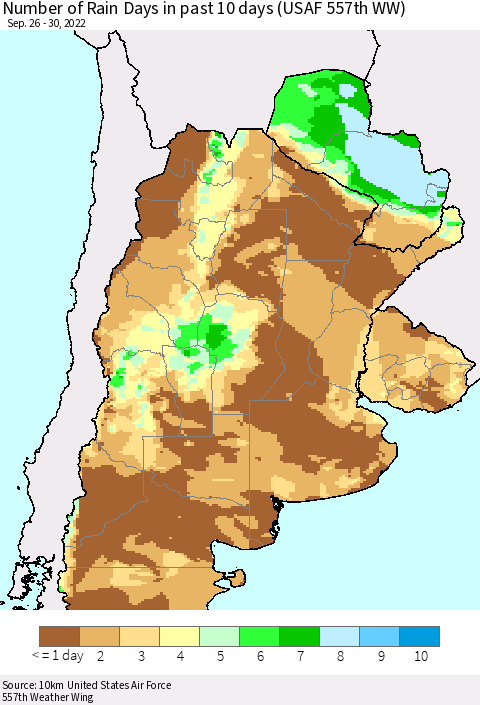 Southern South America Number of Rain Days in past 10 days (USAF 557th WW) Thematic Map For 9/26/2022 - 9/30/2022