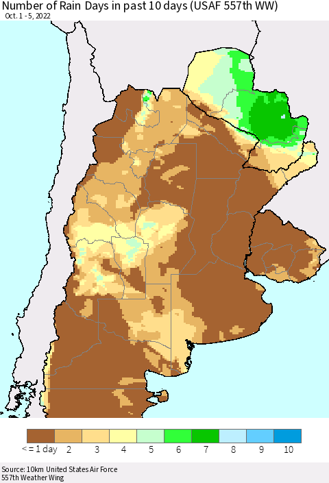 Southern South America Number of Rain Days in past 10 days (USAF 557th WW) Thematic Map For 10/1/2022 - 10/5/2022