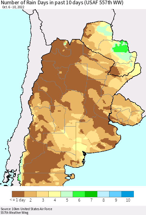 Southern South America Number of Rain Days in past 10 days (USAF 557th WW) Thematic Map For 10/6/2022 - 10/10/2022