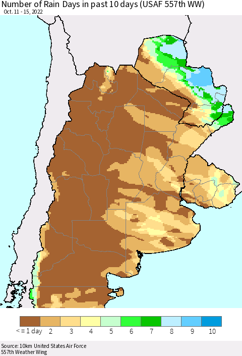 Southern South America Number of Rain Days in past 10 days (USAF 557th WW) Thematic Map For 10/11/2022 - 10/15/2022