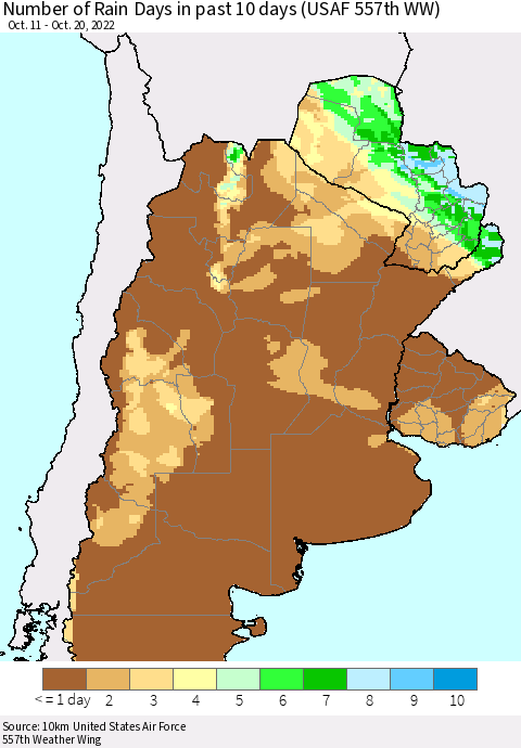 Southern South America Number of Rain Days in past 10 days (USAF 557th WW) Thematic Map For 10/16/2022 - 10/20/2022