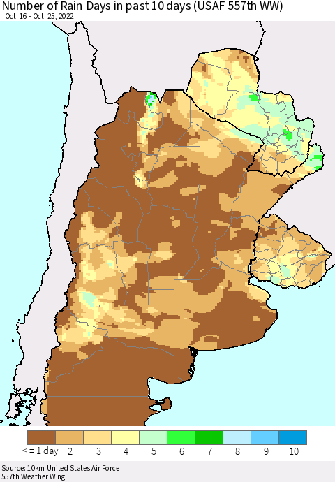Southern South America Number of Rain Days in past 10 days (USAF 557th WW) Thematic Map For 10/21/2022 - 10/25/2022