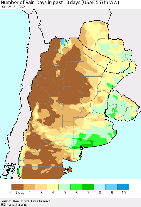 Southern South America Number of Rain Days in past 10 days (USAF 557th WW) Thematic Map For 10/26/2022 - 10/31/2022