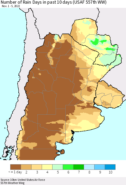 Southern South America Number of Rain Days in past 10 days (USAF 557th WW) Thematic Map For 11/1/2022 - 11/5/2022