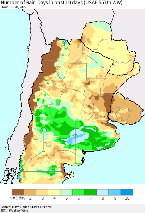 Southern South America Number of Rain Days in past 10 days (USAF 557th WW) Thematic Map For 11/16/2022 - 11/20/2022