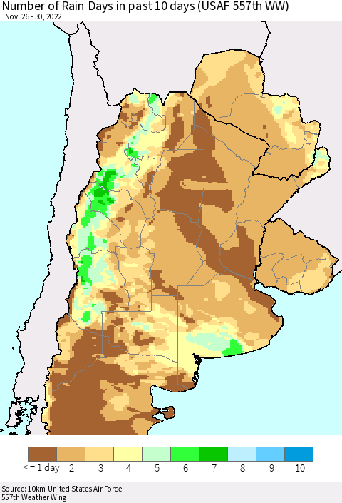 Southern South America Number of Rain Days in past 10 days (USAF 557th WW) Thematic Map For 11/26/2022 - 11/30/2022