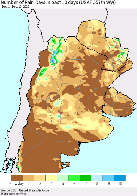 Southern South America Number of Rain Days in past 10 days (USAF 557th WW) Thematic Map For 12/6/2022 - 12/10/2022