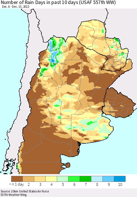 Southern South America Number of Rain Days in past 10 days (USAF 557th WW) Thematic Map For 12/11/2022 - 12/15/2022