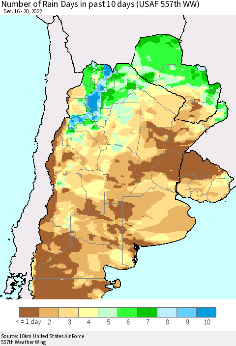 Southern South America Number of Rain Days in past 10 days (USAF 557th WW) Thematic Map For 12/16/2022 - 12/20/2022