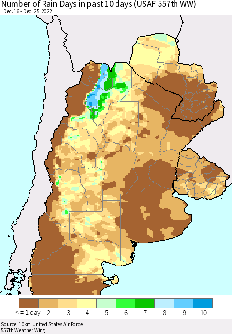 Southern South America Number of Rain Days in past 10 days (USAF 557th WW) Thematic Map For 12/21/2022 - 12/25/2022