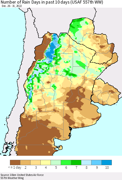 Southern South America Number of Rain Days in past 10 days (USAF 557th WW) Thematic Map For 12/26/2022 - 12/31/2022