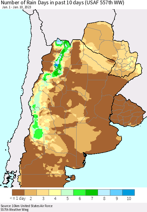Southern South America Number of Rain Days in past 10 days (USAF 557th WW) Thematic Map For 1/6/2023 - 1/10/2023