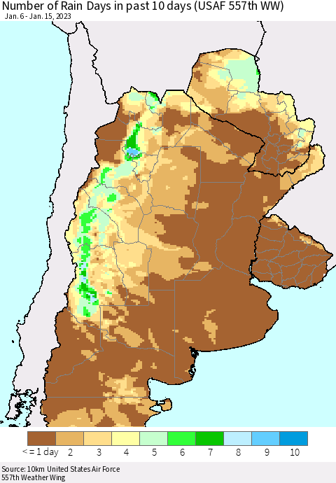 Southern South America Number of Rain Days in past 10 days (USAF 557th WW) Thematic Map For 1/11/2023 - 1/15/2023