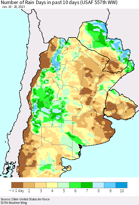 Southern South America Number of Rain Days in past 10 days (USAF 557th WW) Thematic Map For 1/16/2023 - 1/20/2023
