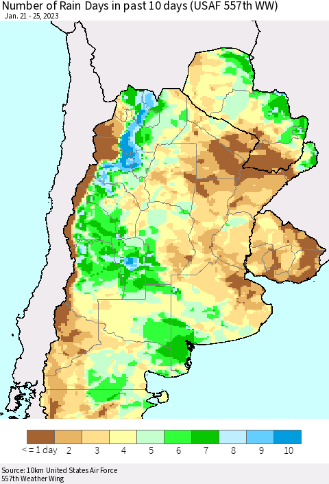 Southern South America Number of Rain Days in past 10 days (USAF 557th WW) Thematic Map For 1/21/2023 - 1/25/2023
