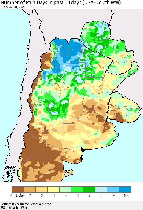 Southern South America Number of Rain Days in past 10 days (USAF 557th WW) Thematic Map For 1/26/2023 - 1/31/2023