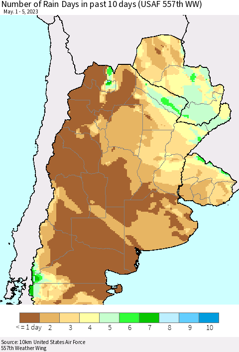 Southern South America Number of Rain Days in past 10 days (USAF 557th WW) Thematic Map For 5/1/2023 - 5/5/2023