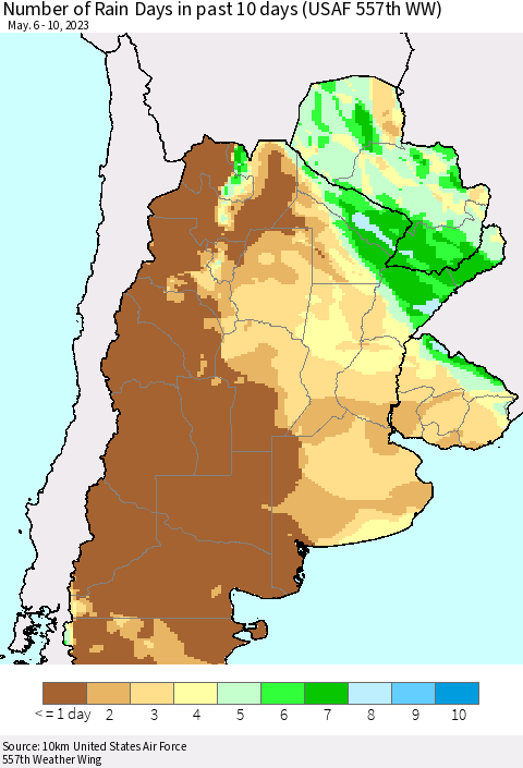 Southern South America Number of Rain Days in past 10 days (USAF 557th WW) Thematic Map For 5/6/2023 - 5/10/2023