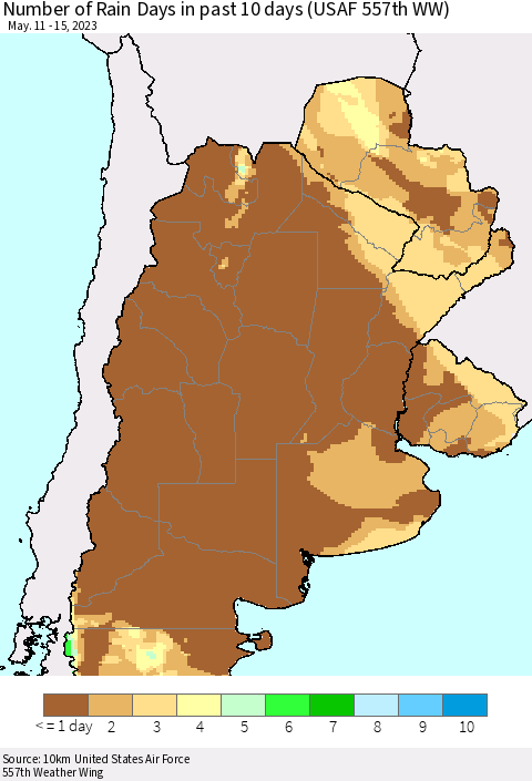 Southern South America Number of Rain Days in past 10 days (USAF 557th WW) Thematic Map For 5/11/2023 - 5/15/2023