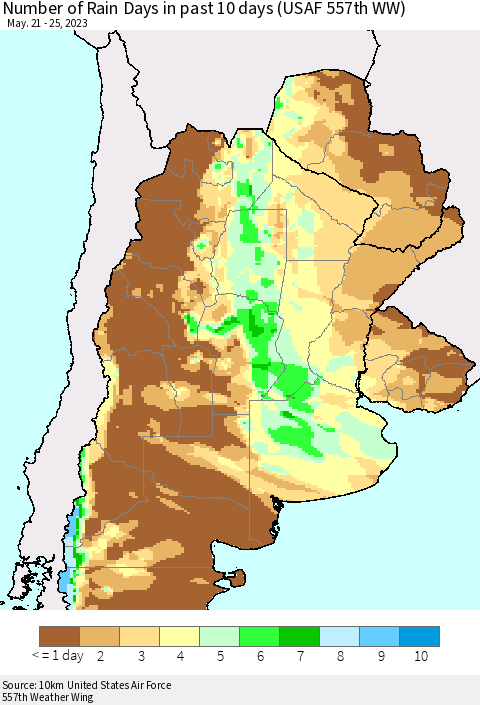 Southern South America Number of Rain Days in past 10 days (USAF 557th WW) Thematic Map For 5/21/2023 - 5/25/2023