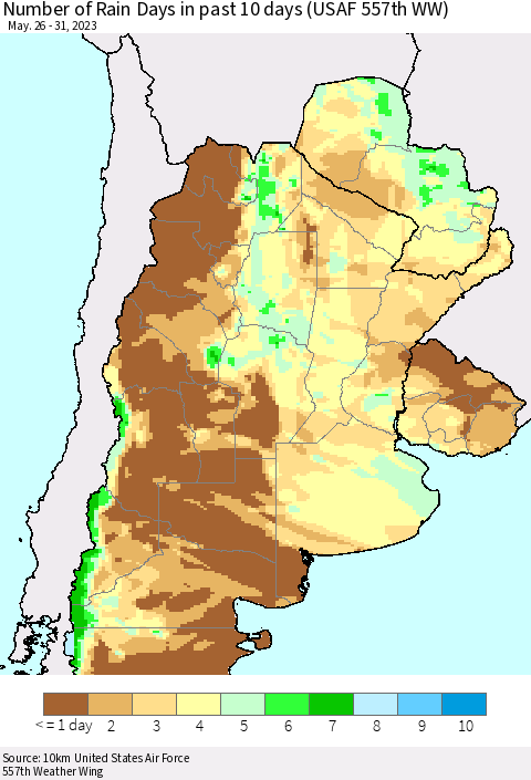 Southern South America Number of Rain Days in past 10 days (USAF 557th WW) Thematic Map For 5/26/2023 - 5/31/2023