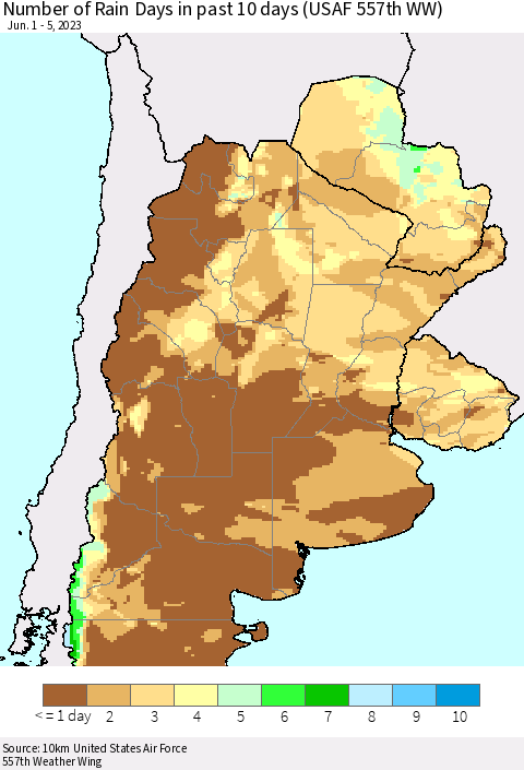 Southern South America Number of Rain Days in past 10 days (USAF 557th WW) Thematic Map For 6/1/2023 - 6/5/2023