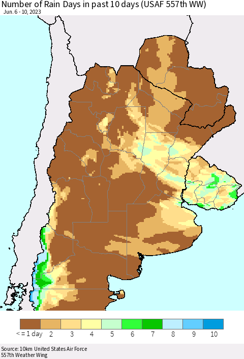 Southern South America Number of Rain Days in past 10 days (USAF 557th WW) Thematic Map For 6/6/2023 - 6/10/2023