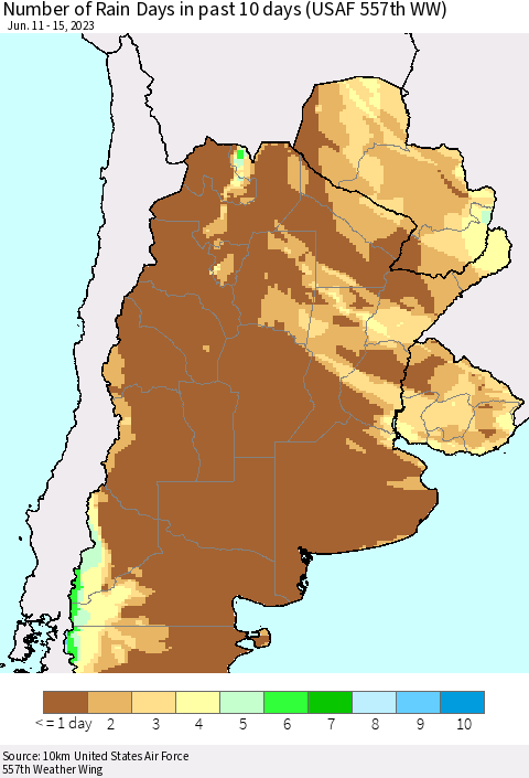 Southern South America Number of Rain Days in past 10 days (USAF 557th WW) Thematic Map For 6/11/2023 - 6/15/2023