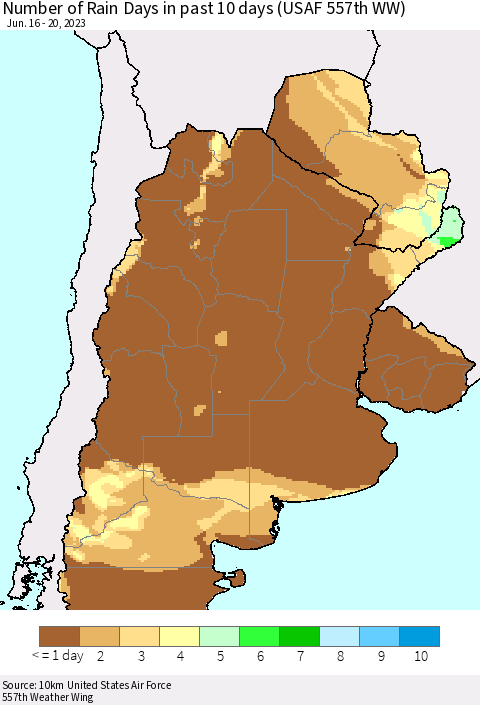 Southern South America Number of Rain Days in past 10 days (USAF 557th WW) Thematic Map For 6/16/2023 - 6/20/2023
