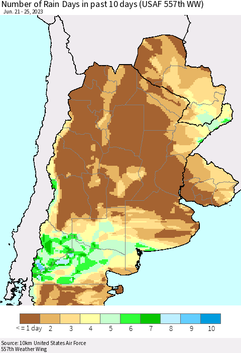 Southern South America Number of Rain Days in past 10 days (USAF 557th WW) Thematic Map For 6/21/2023 - 6/25/2023