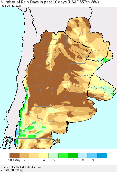 Southern South America Number of Rain Days in past 10 days (USAF 557th WW) Thematic Map For 6/26/2023 - 6/30/2023