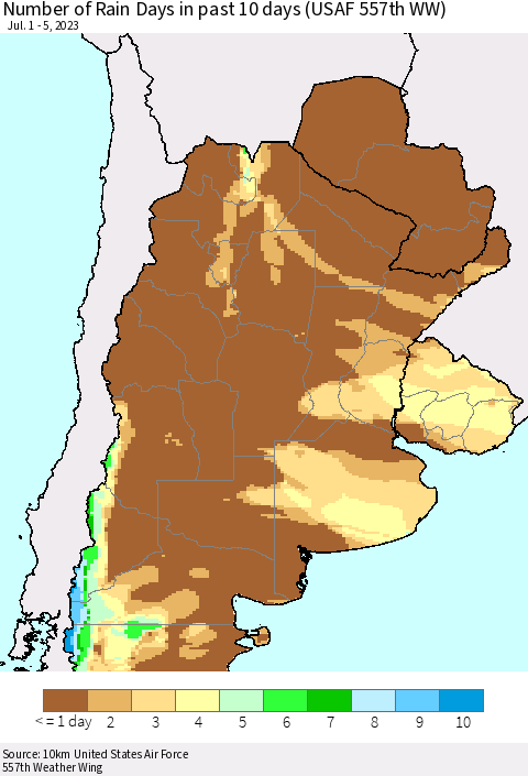 Southern South America Number of Rain Days in past 10 days (USAF 557th WW) Thematic Map For 7/1/2023 - 7/5/2023