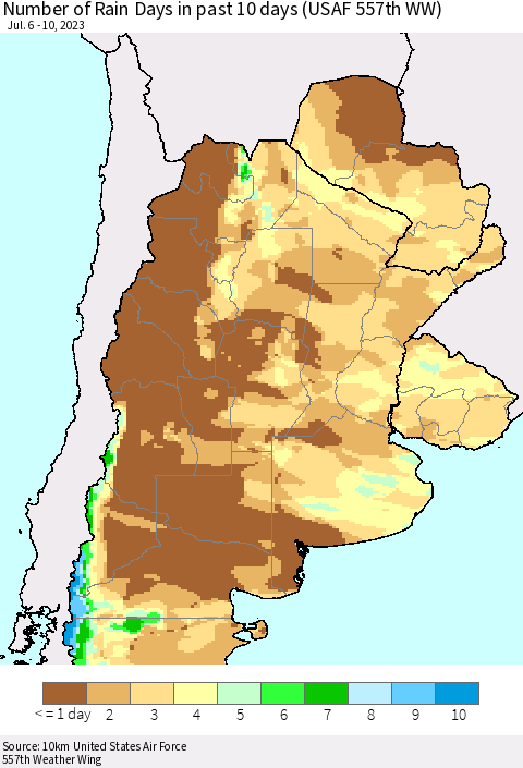 Southern South America Number of Rain Days in past 10 days (USAF 557th WW) Thematic Map For 7/6/2023 - 7/10/2023