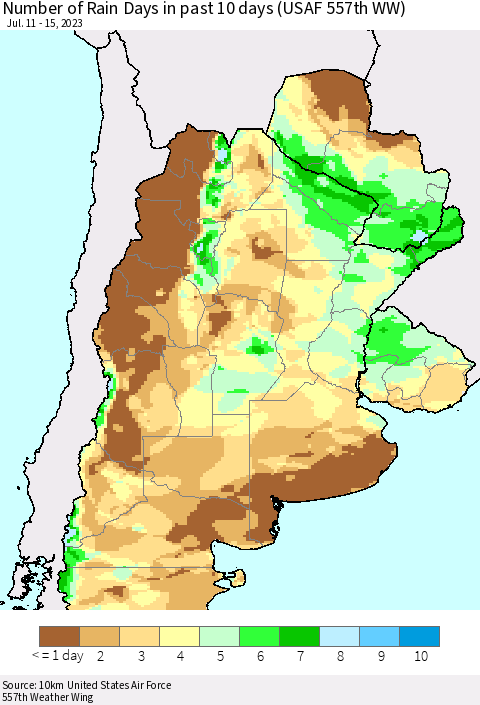 Southern South America Number of Rain Days in past 10 days (USAF 557th WW) Thematic Map For 7/11/2023 - 7/15/2023