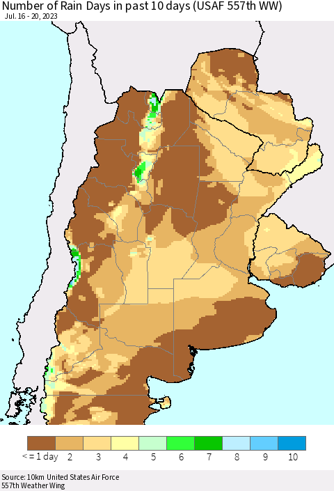 Southern South America Number of Rain Days in past 10 days (USAF 557th WW) Thematic Map For 7/16/2023 - 7/20/2023