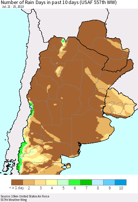 Southern South America Number of Rain Days in past 10 days (USAF 557th WW) Thematic Map For 7/21/2023 - 7/25/2023