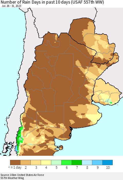 Southern South America Number of Rain Days in past 10 days (USAF 557th WW) Thematic Map For 7/26/2023 - 7/31/2023