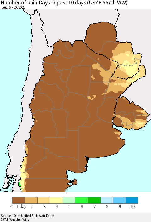 Southern South America Number of Rain Days in past 10 days (USAF 557th WW) Thematic Map For 8/6/2023 - 8/10/2023