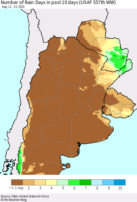 Southern South America Number of Rain Days in past 10 days (USAF 557th WW) Thematic Map For 8/11/2023 - 8/15/2023