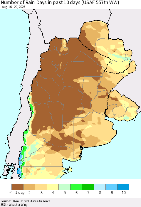 Southern South America Number of Rain Days in past 10 days (USAF 557th WW) Thematic Map For 8/16/2023 - 8/20/2023