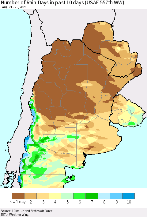 Southern South America Number of Rain Days in past 10 days (USAF 557th WW) Thematic Map For 8/21/2023 - 8/25/2023