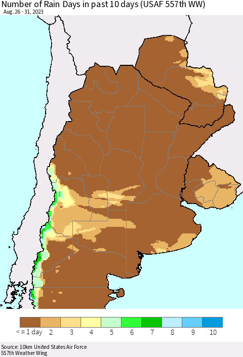 Southern South America Number of Rain Days in past 10 days (USAF 557th WW) Thematic Map For 8/26/2023 - 8/31/2023