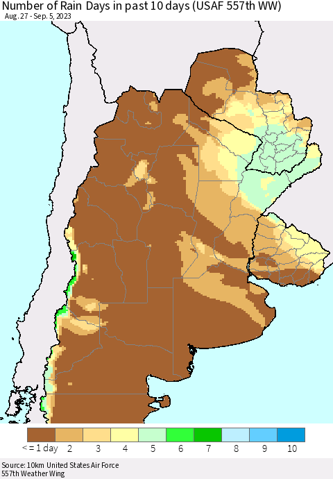 Southern South America Number of Rain Days in past 10 days (USAF 557th WW) Thematic Map For 9/1/2023 - 9/5/2023