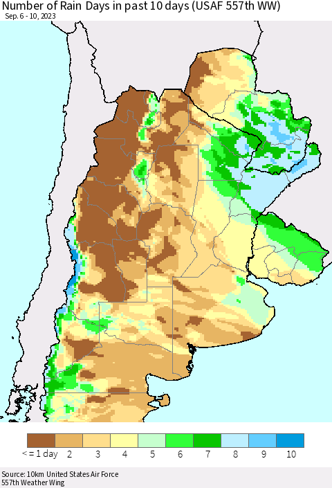 Southern South America Number of Rain Days in past 10 days (USAF 557th WW) Thematic Map For 9/6/2023 - 9/10/2023