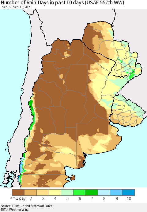 Southern South America Number of Rain Days in past 10 days (USAF 557th WW) Thematic Map For 9/11/2023 - 9/15/2023