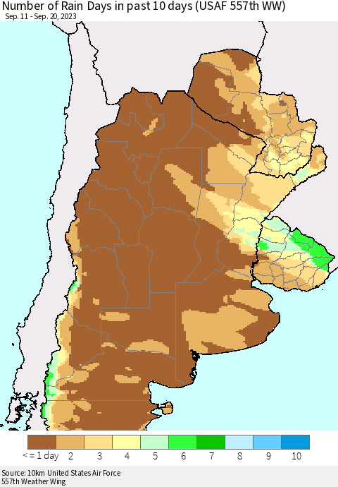Southern South America Number of Rain Days in past 10 days (USAF 557th WW) Thematic Map For 9/16/2023 - 9/20/2023