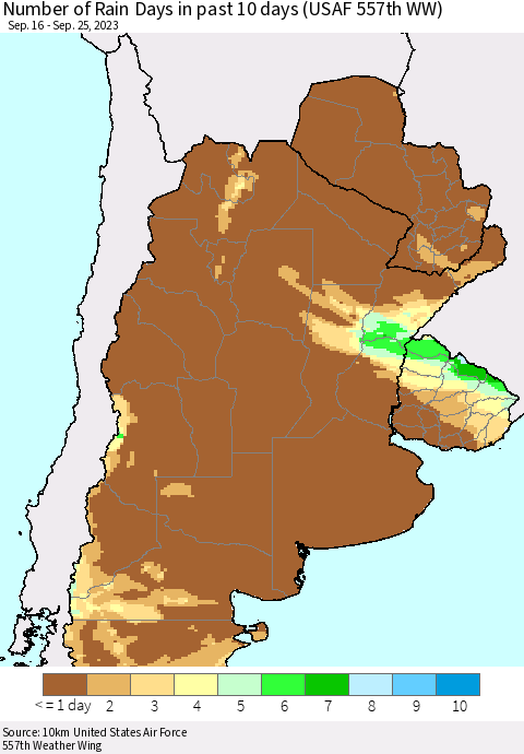 Southern South America Number of Rain Days in past 10 days (USAF 557th WW) Thematic Map For 9/21/2023 - 9/25/2023